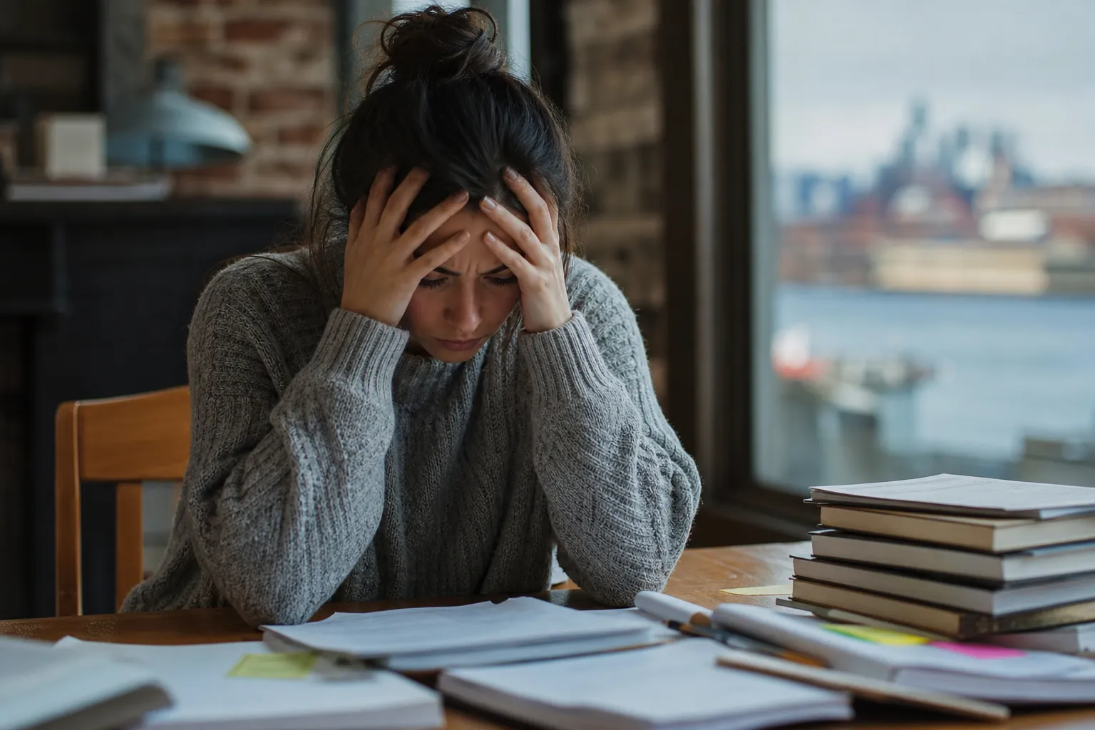 Stressed woman holding her head over scattered papers and books while struggling to concentrate at a table.