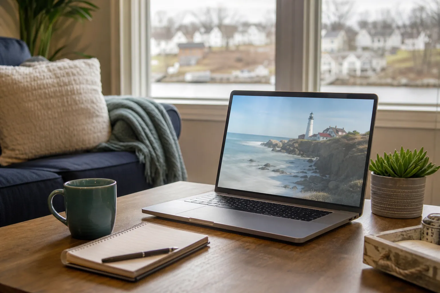 Open laptop displaying a coastal lighthouse on a living room table beside a mug, notebook, pen, and potted plant.