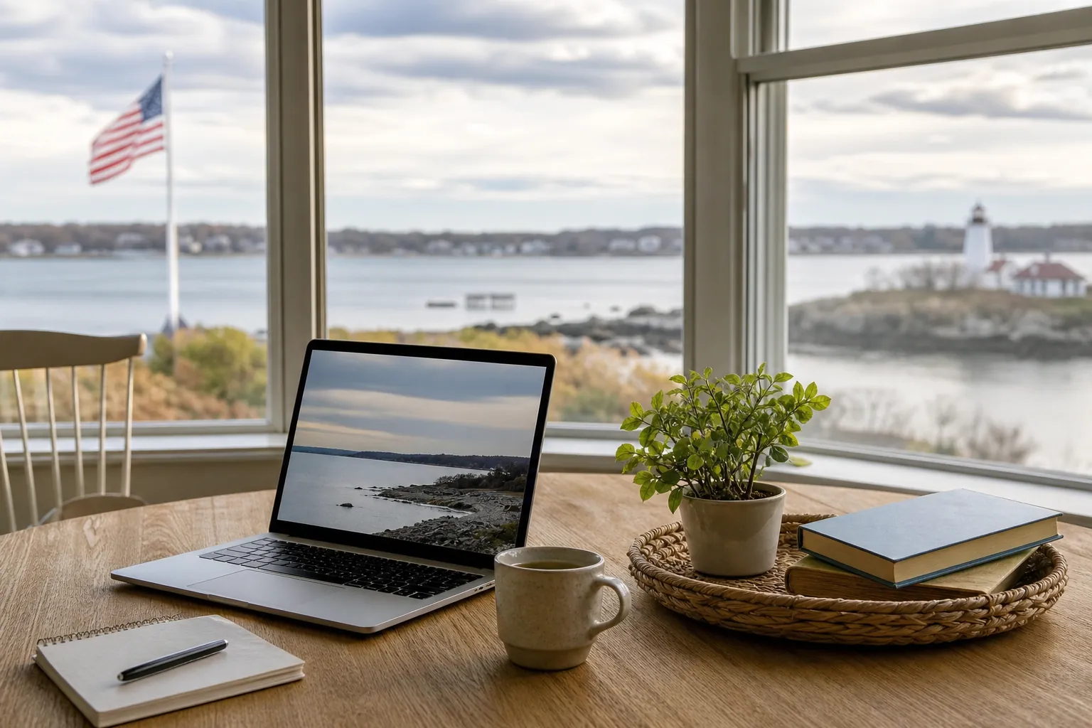 Laptop, mug, notebook, and potted plant on a table overlooking a harbor, American flag, and lighthouse.