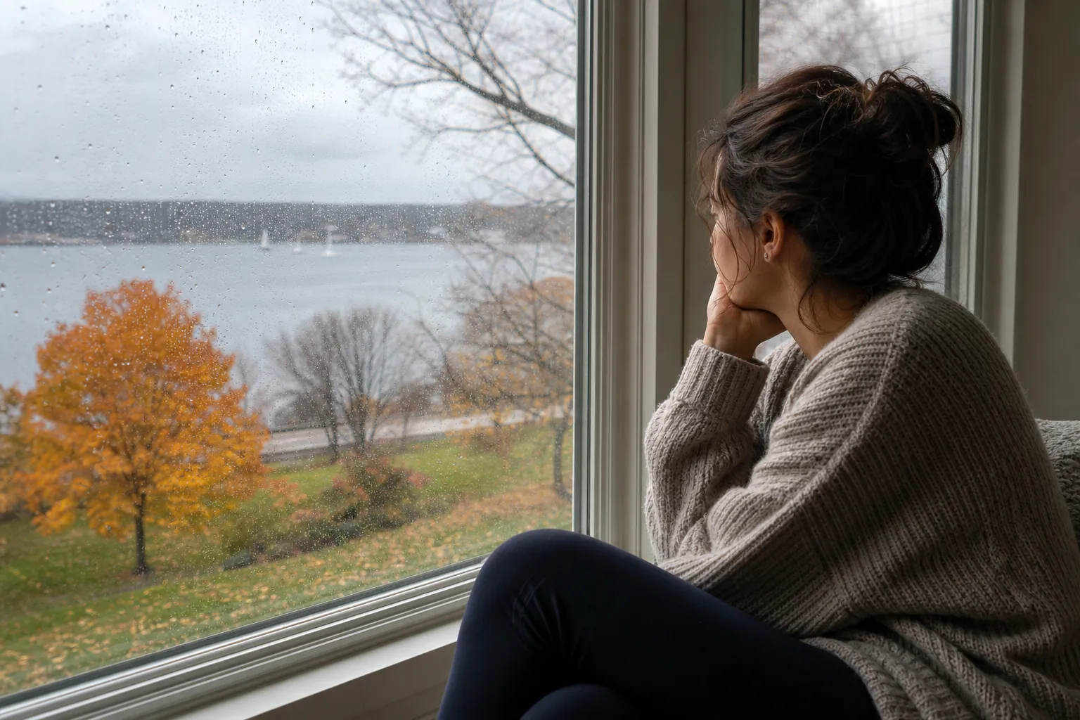Woman gazing through a rainy window in autumn A woman in a knit sweater sits by a rain-speckled window, gazing at a lake and autumn trees under gray skies.
