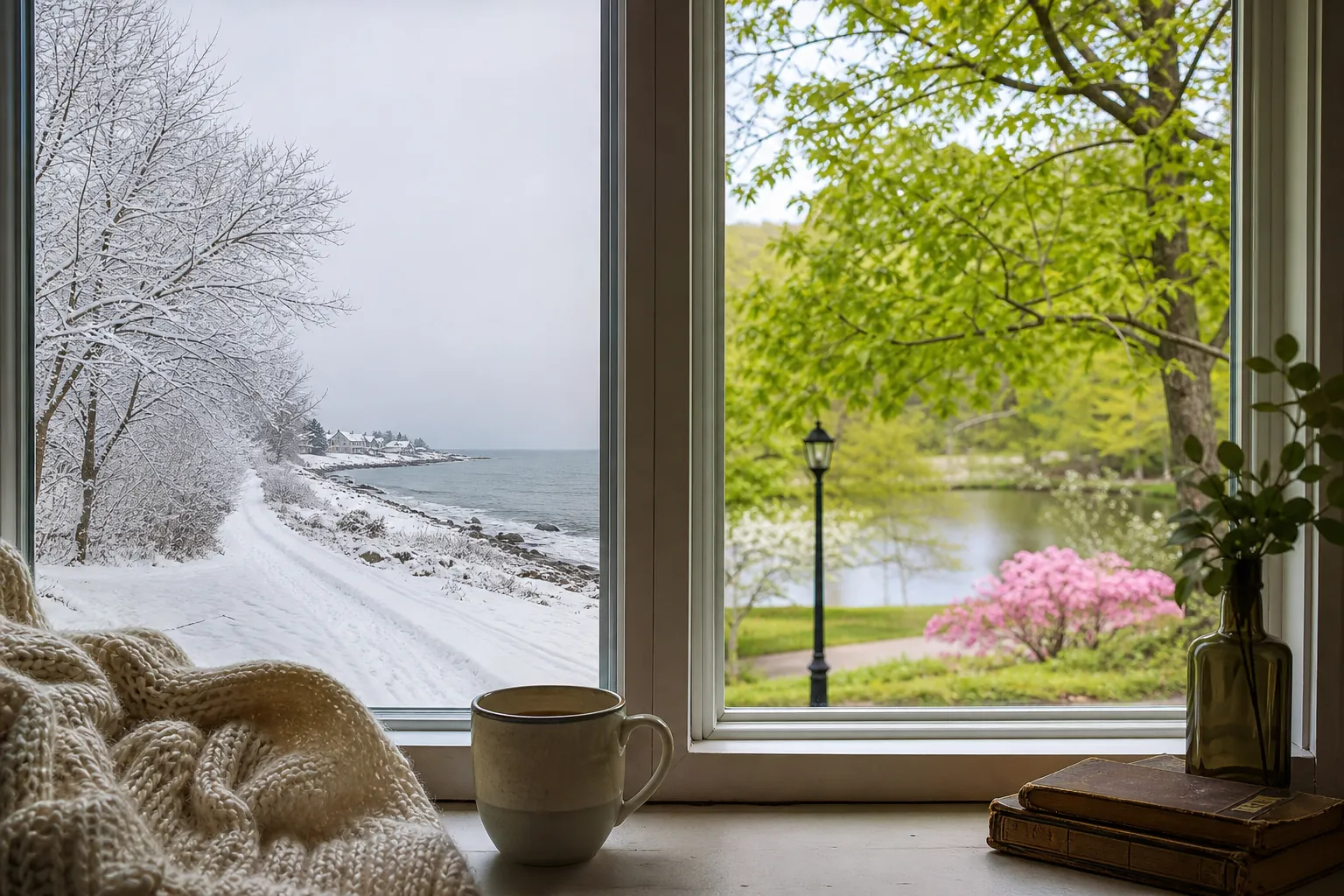 Seasonal contrast through a window from winter to spring A divided window view contrasts a snowy coastal winter with a green spring garden, beside a mug, blanket, books, and vase.