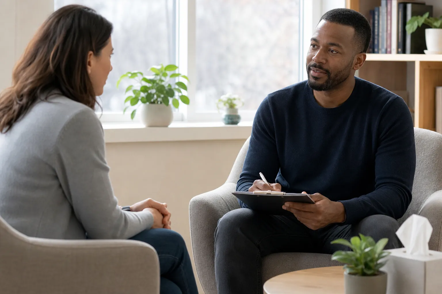 Conversation in a Bright Counseling Office A woman speaks with a man holding a pen and clipboard in a bright room with armchairs, potted plants, and a tissue box.