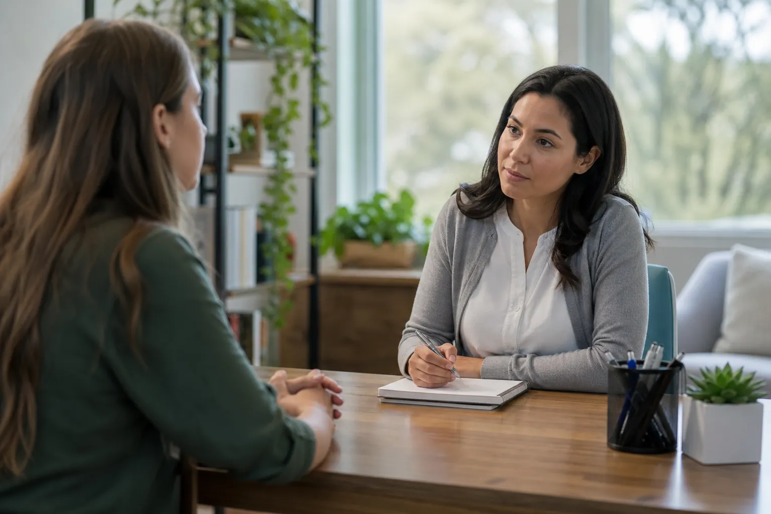 Women Talking Across a Desk in a Bright Office Two women sit across a wooden desk in a bright office, one listening with a pen poised over a notebook.