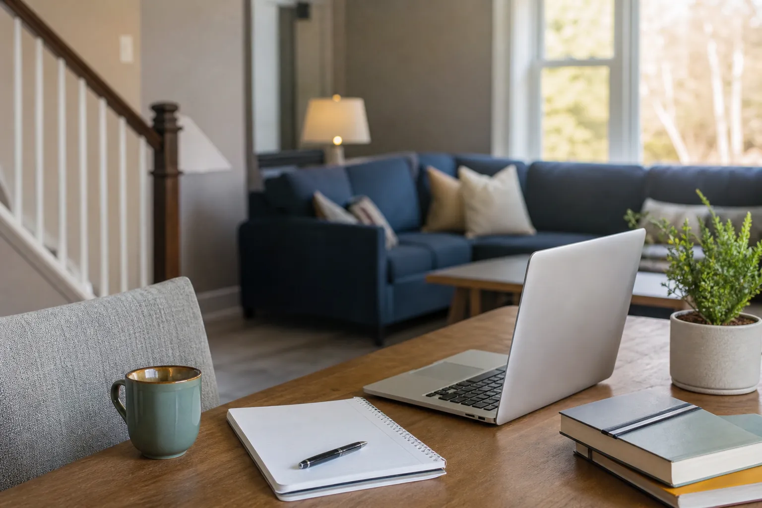 Laptop, notebook, pen, mug, and books arranged on a home table beside a bright living room.