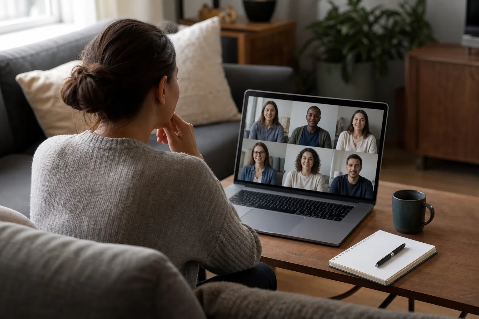 Woman seated at home attending a six-person virtual group therapy session on a laptop.