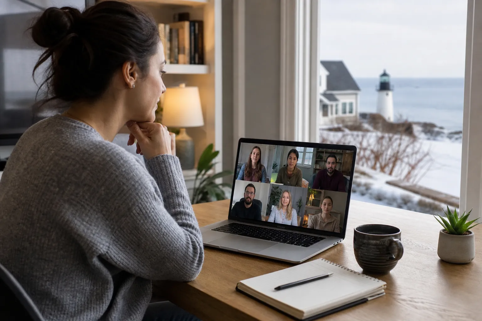 Virtual Group Therapy Session From a Coastal Home Woman at a laptop attending a six-person virtual group session beside a snowy coastal view and lighthouse.