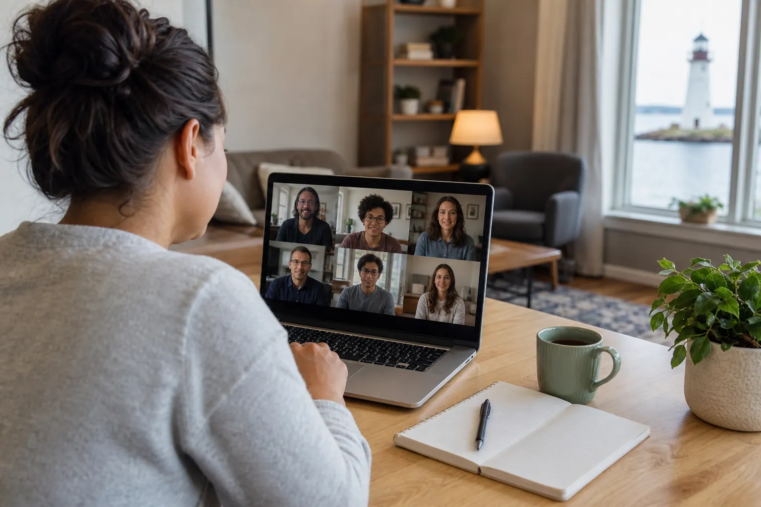 Virtual Group Therapy Session From Home Woman joins a six-person virtual group therapy session from a laptop beside a notebook and mug in a coastal home.