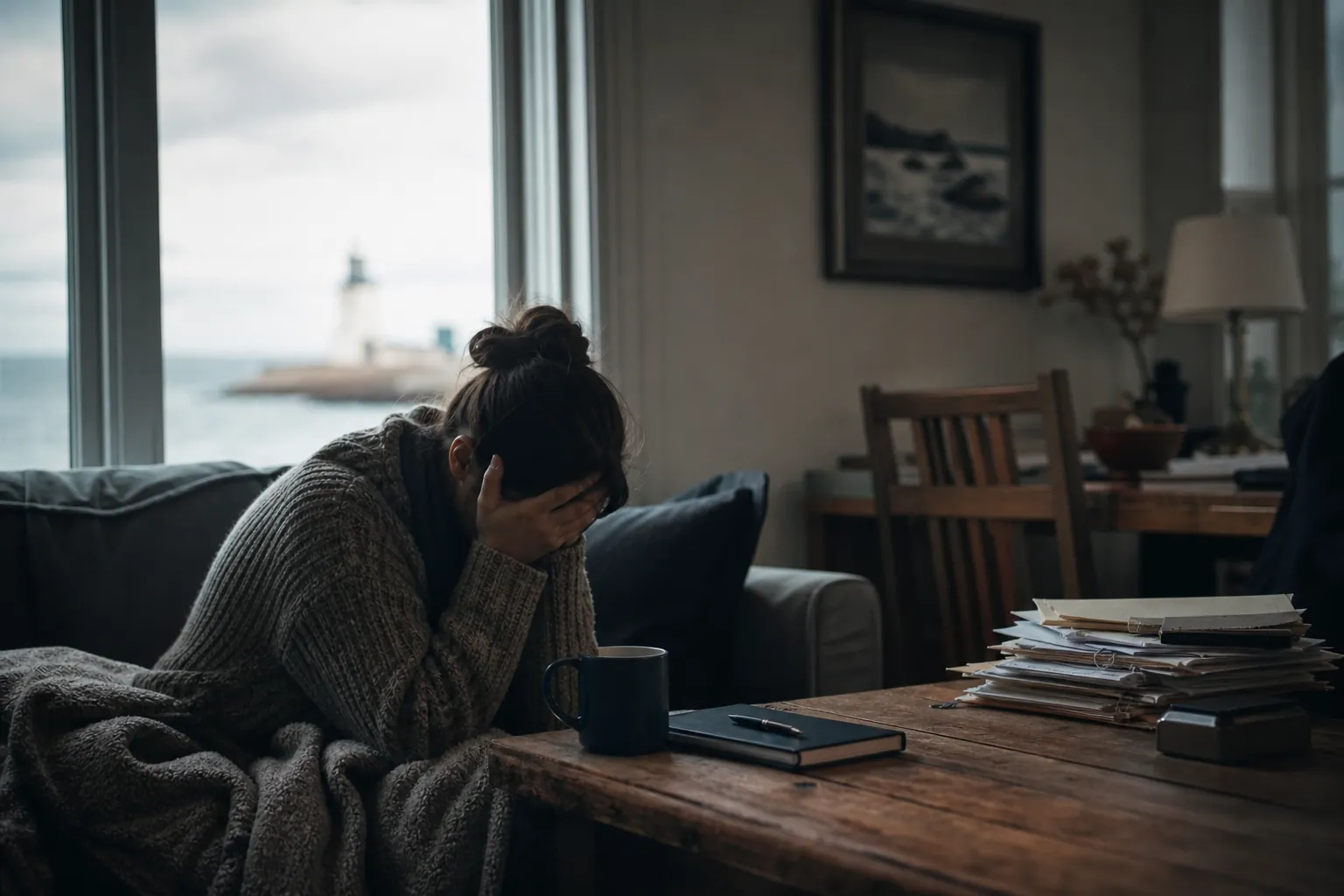 Distressed woman sitting in a coastal home Distressed woman covering her face on a sofa beside a mug, notebook, and paperwork in a coastal home.