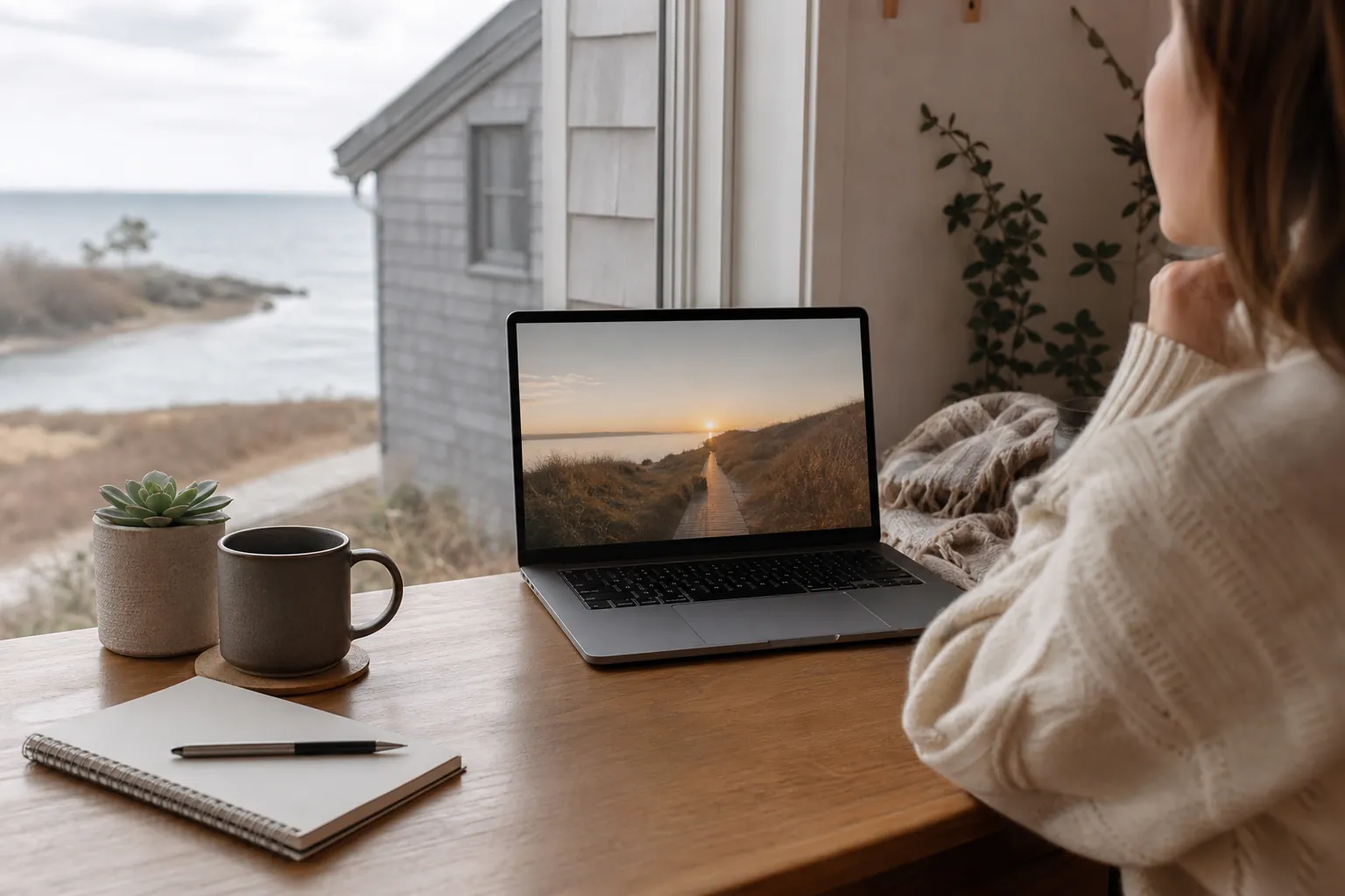 Woman Using a Laptop at a Coastal Home Woman seated beside an open laptop at a coastal home, with a mug, succulent, notebook, and pencil on the table.