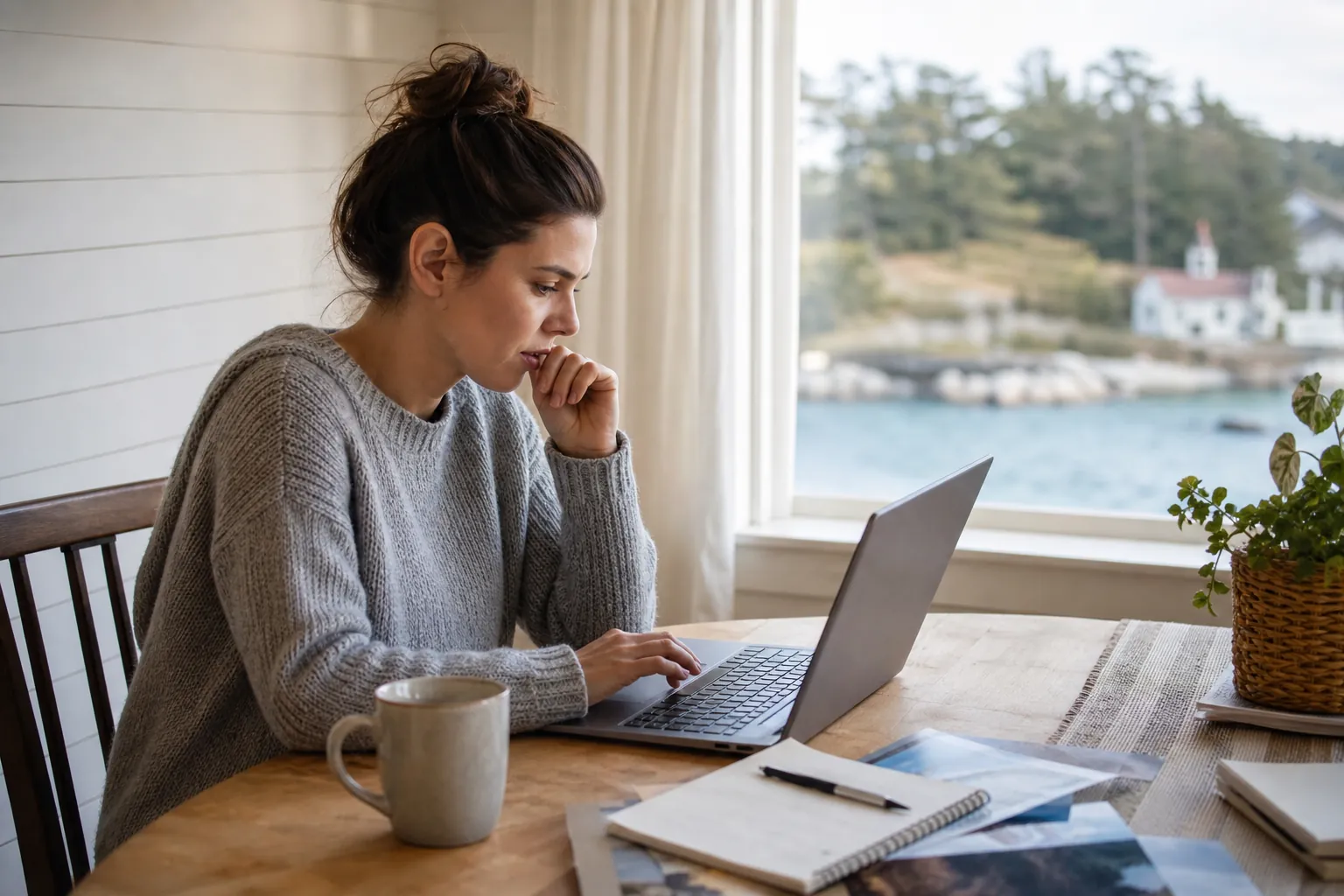 Researching Behavioral Health Centers Online Woman researching behavioral health centers on a laptop at a table beside a waterfront window.