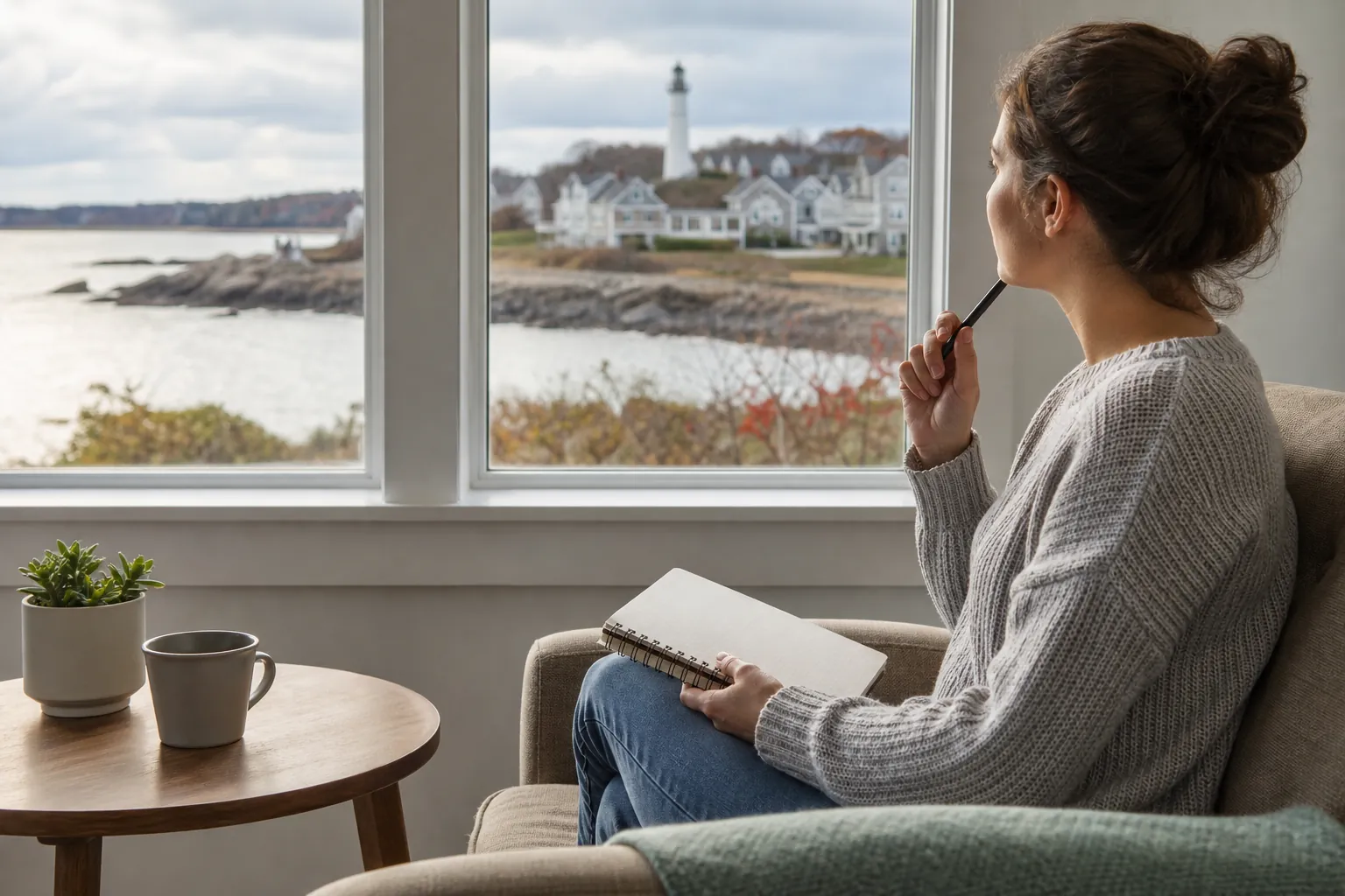 Woman Reflecting on Her Behavioral Health Needs Woman holding a notebook and pen while reflecting beside a window overlooking a coastal town and lighthouse