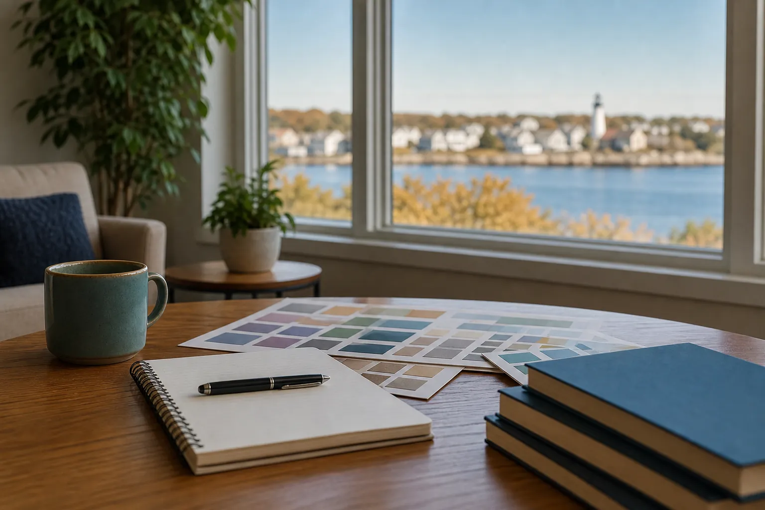 Notebook, pen, color swatches, coffee mug, and stacked books on a table overlooking a coastal lighthouse.