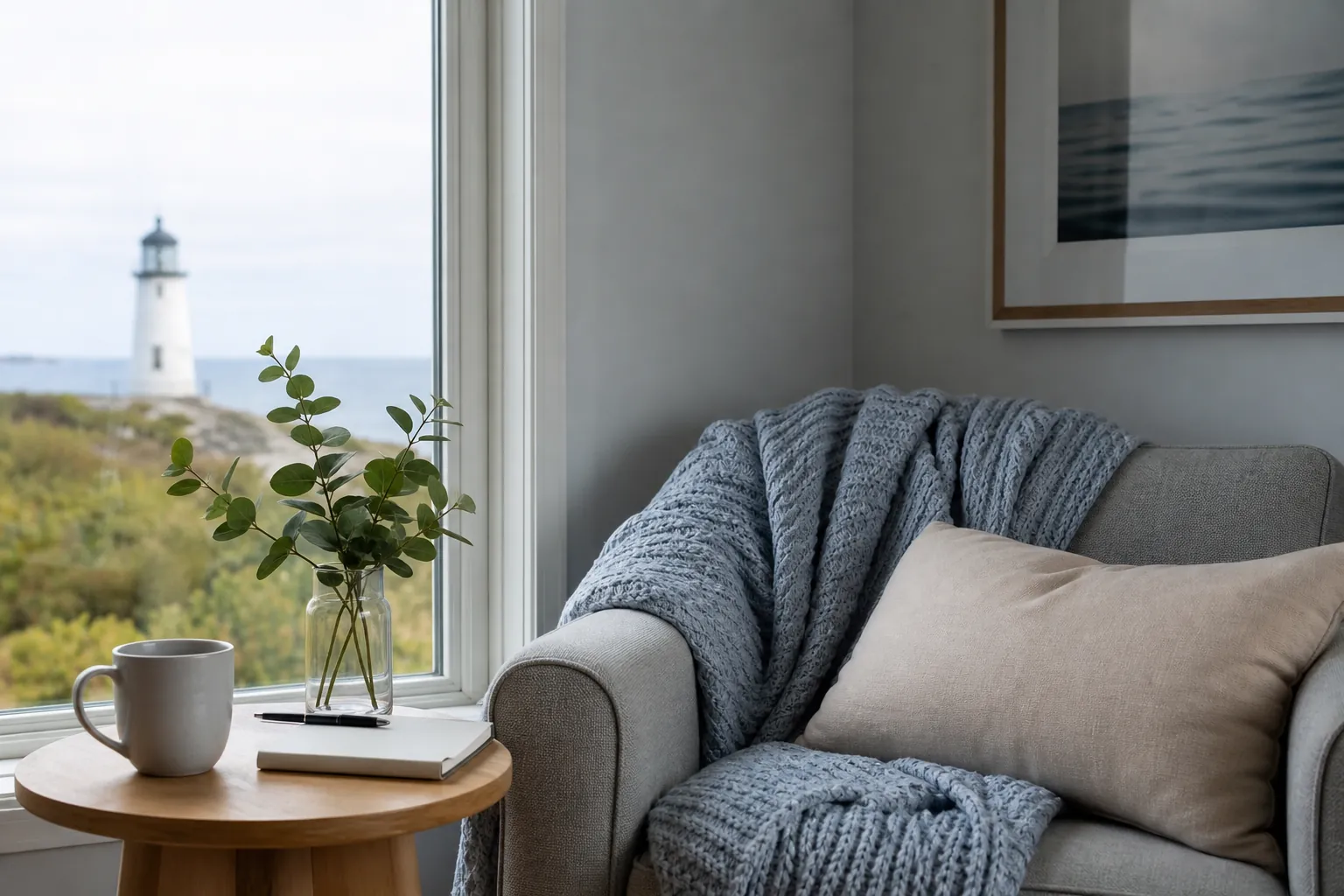 Cozy gray armchair beside a mug and notebook, with a coastal lighthouse visible through the window.