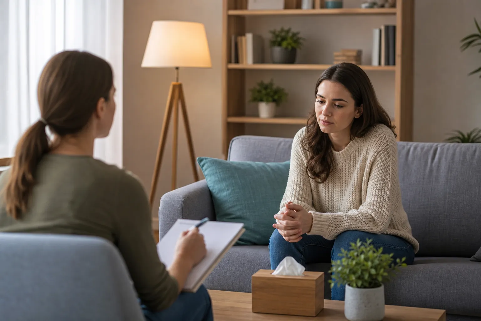 Two women talking beside a box of tissues Two women talking beside a box of tissues