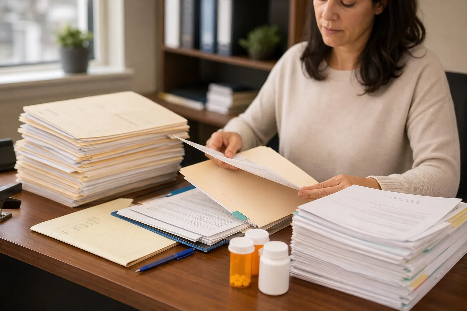 Person sorting folders beside medicine bottles