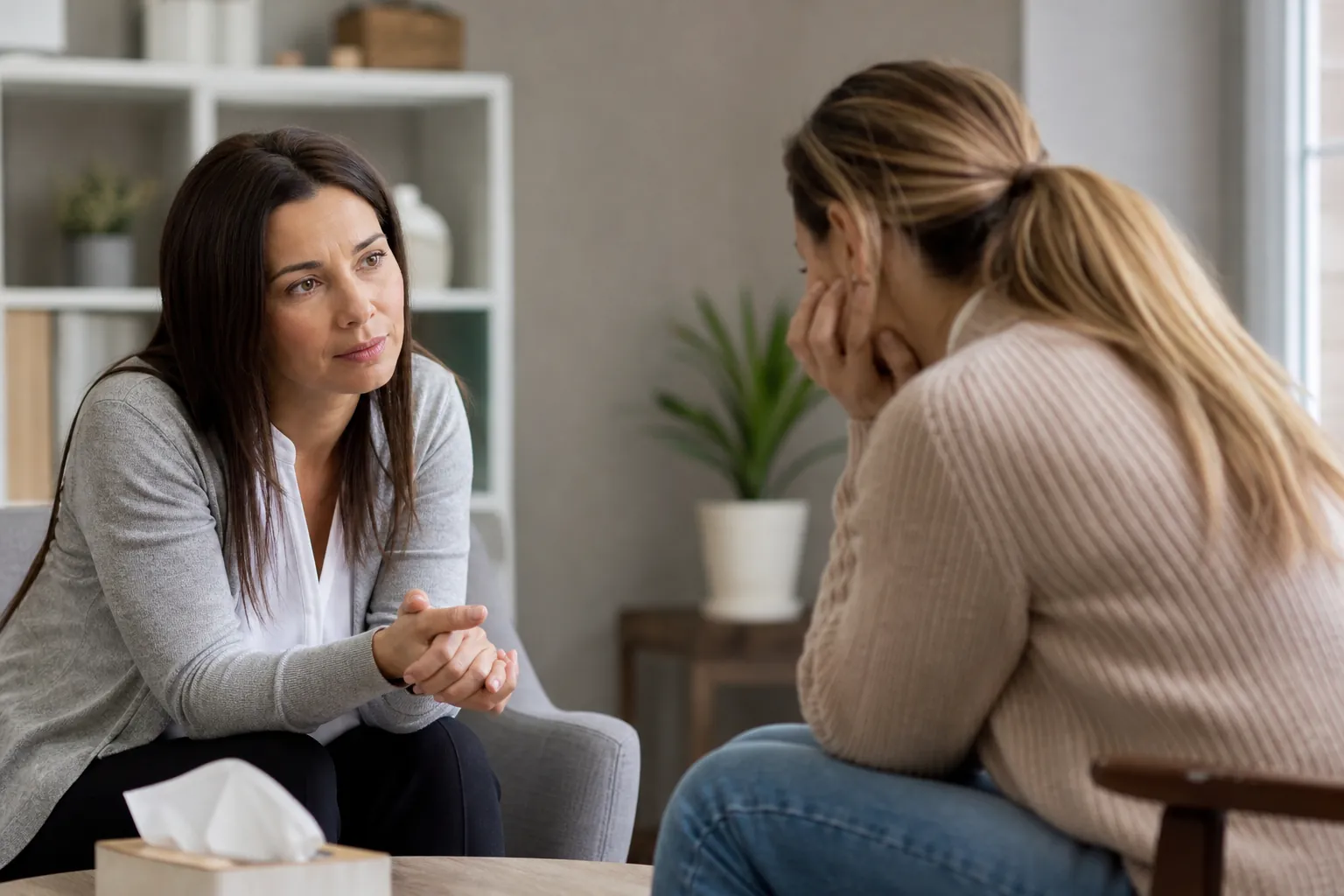 Woman listening during a seated conversation Woman listening during a seated conversation