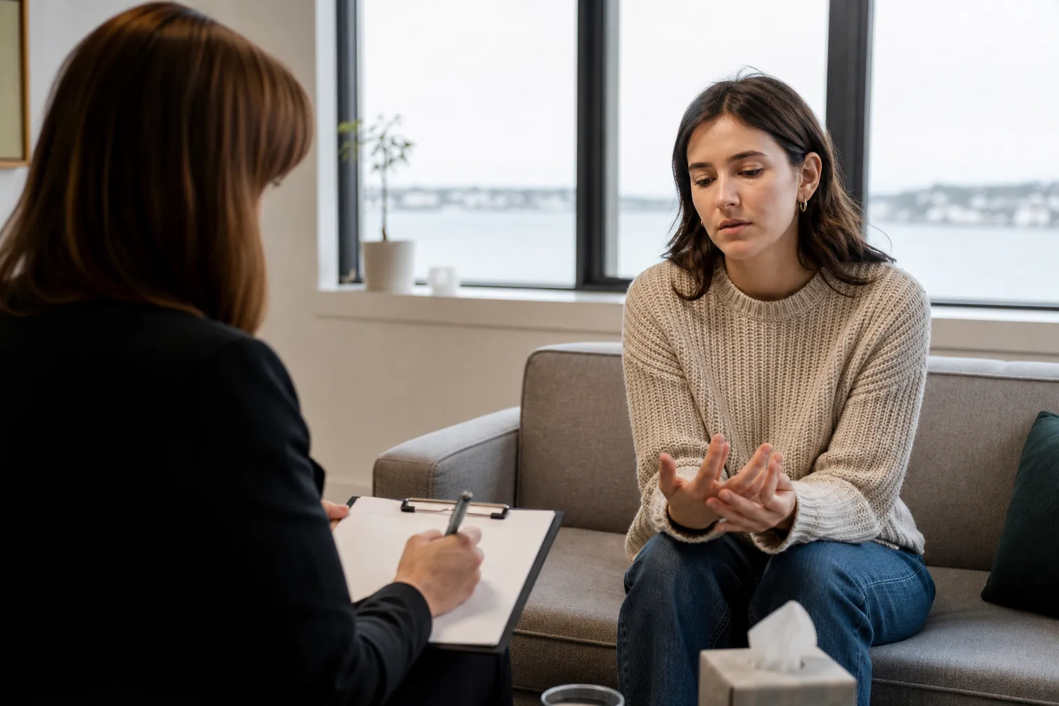 Woman gesturing while another person takes notes Woman gesturing while another person takes notes