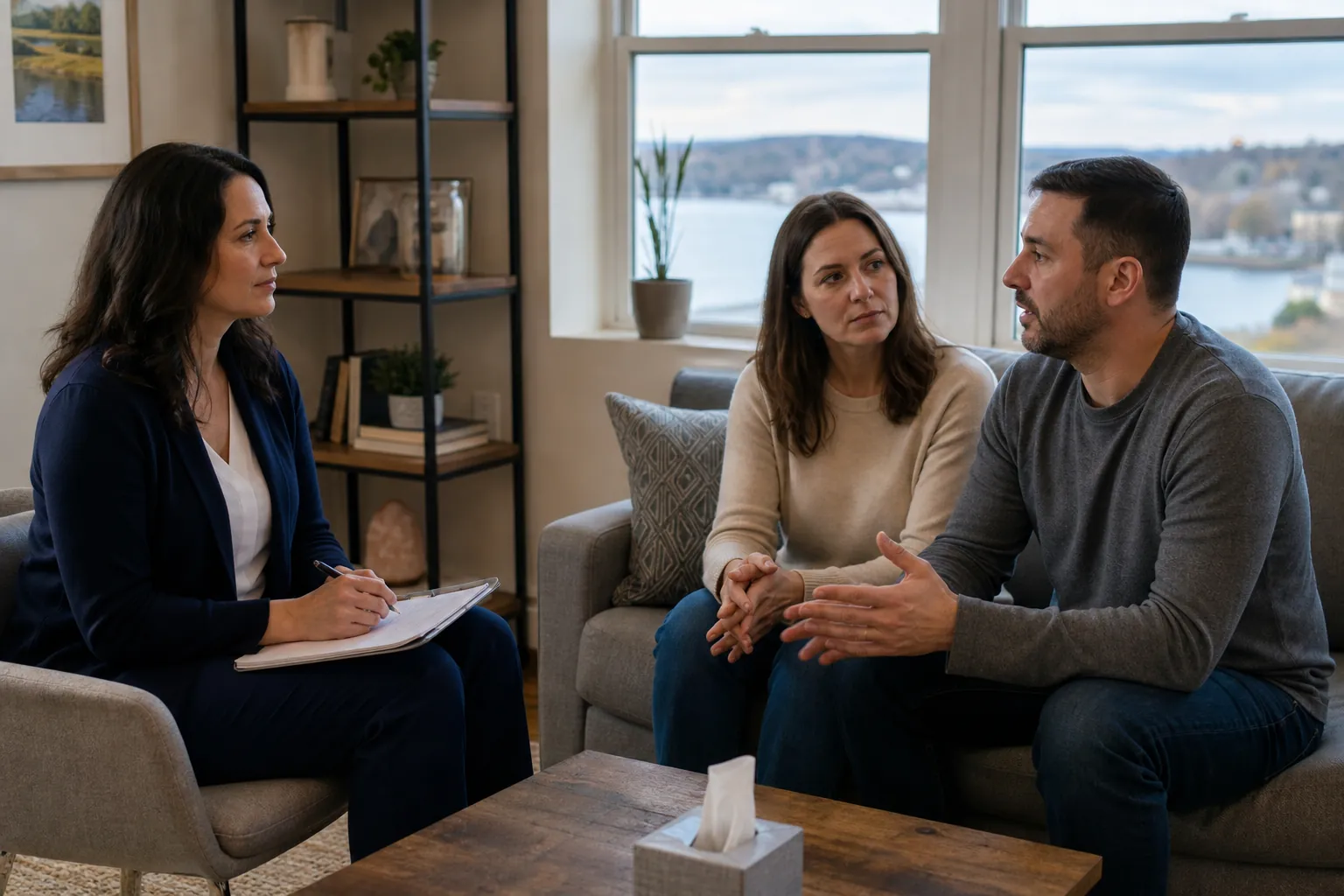 A therapist takes notes while speaking with a man and woman seated together on a sofa in a bright office.