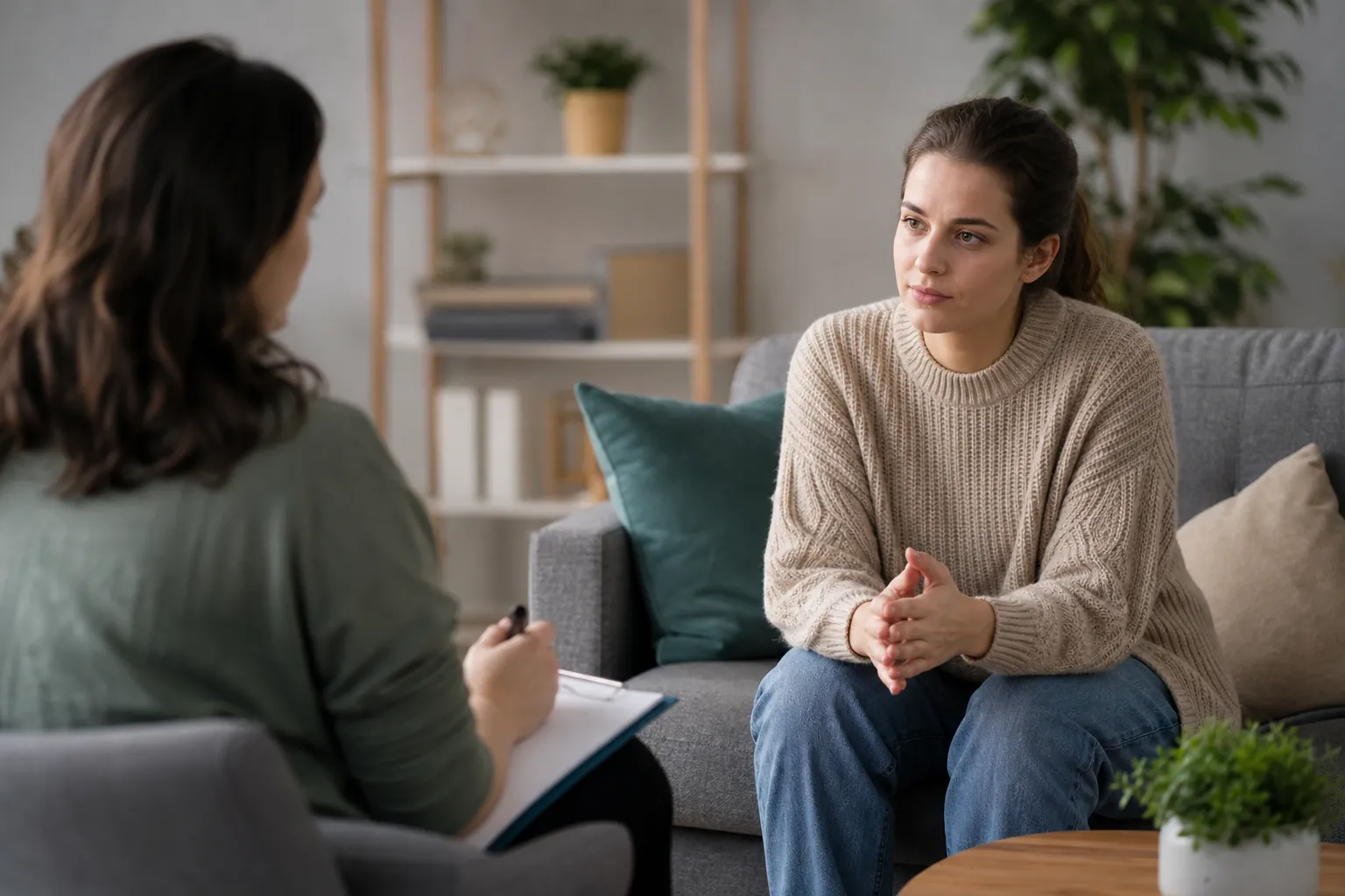 Woman Meeting With a Clinician in a Counseling Office A woman sits on a gray sofa with her hands clasped, facing a clinician holding a pen and clipboard in a counseling office.
