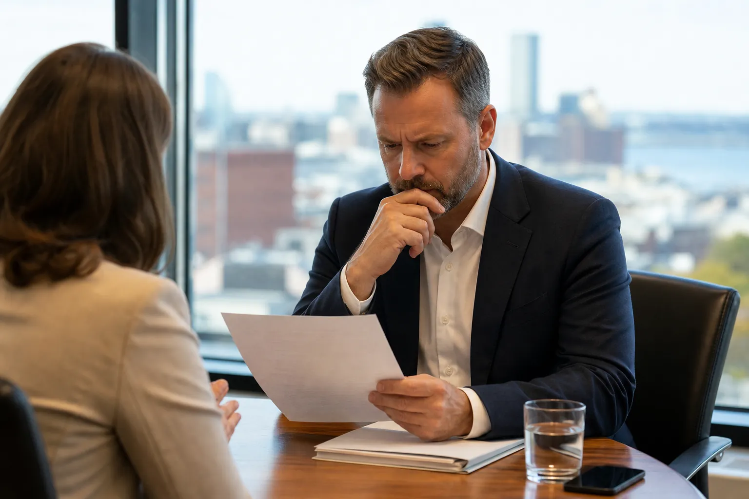 A man in a suit reads a sheet of paper across a table from a woman.