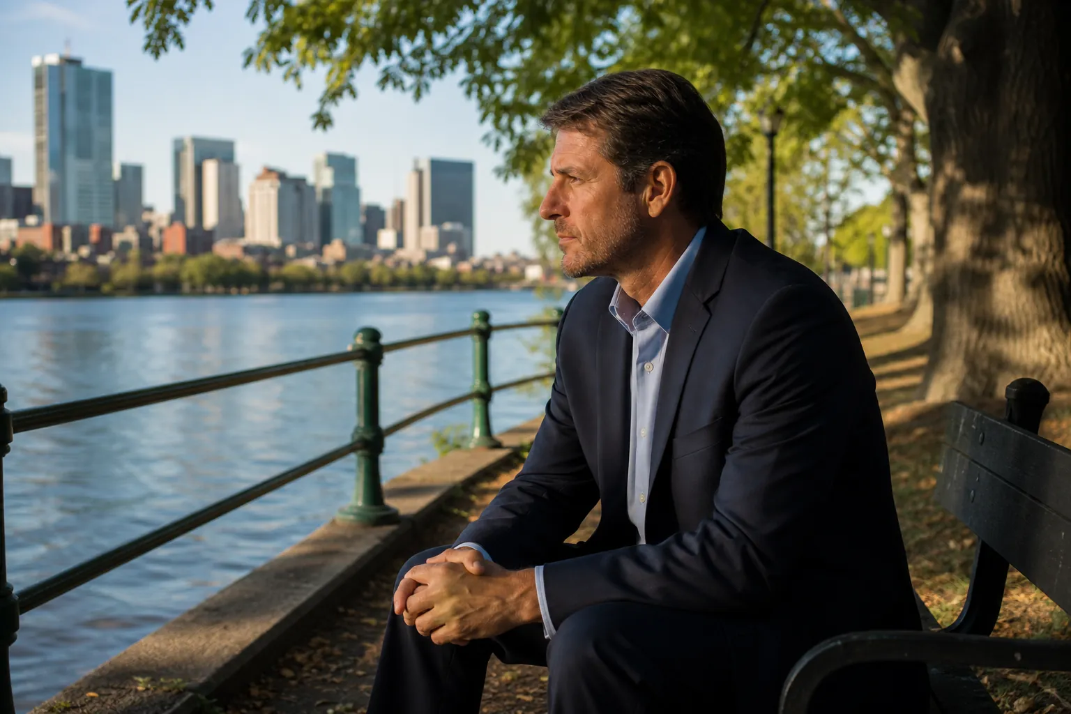A man in a dark suit sits on a bench beside water and looks toward buildings.