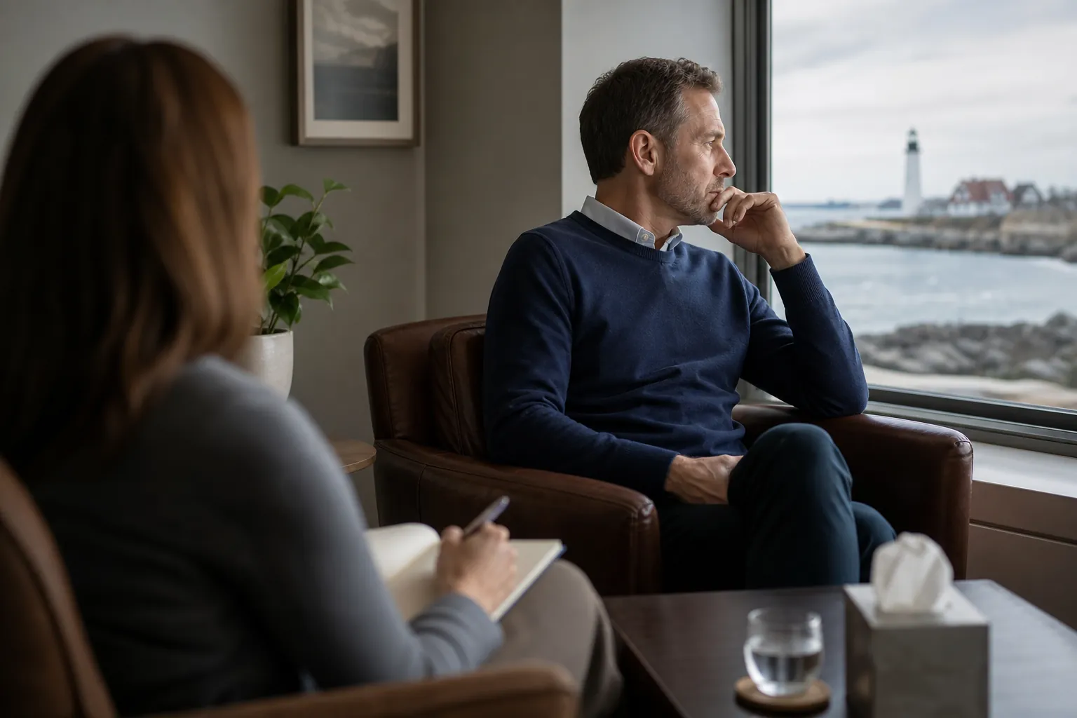 Confidential Mental Health Session in a Private Office A therapist takes notes as a pensive man sits by a large window overlooking a rocky coast and lighthouse.