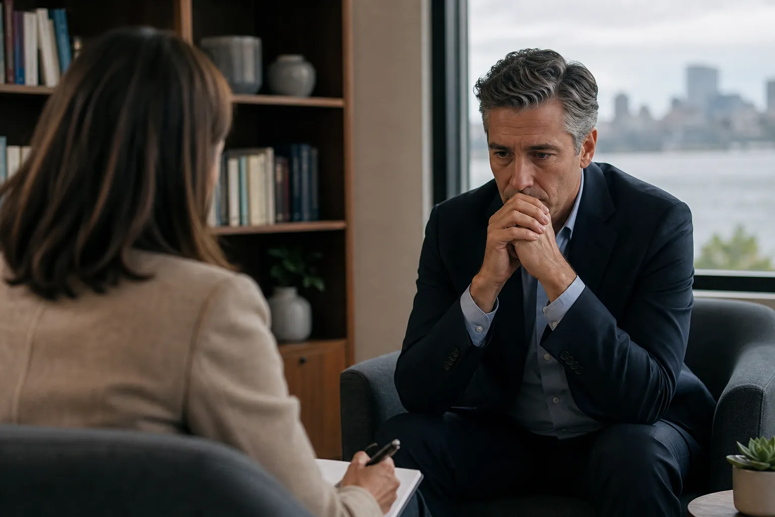 Executive Discussing Mental Health Care With a Therapist A concerned man in a suit sits across from a female therapist taking notes in an office overlooking a city.