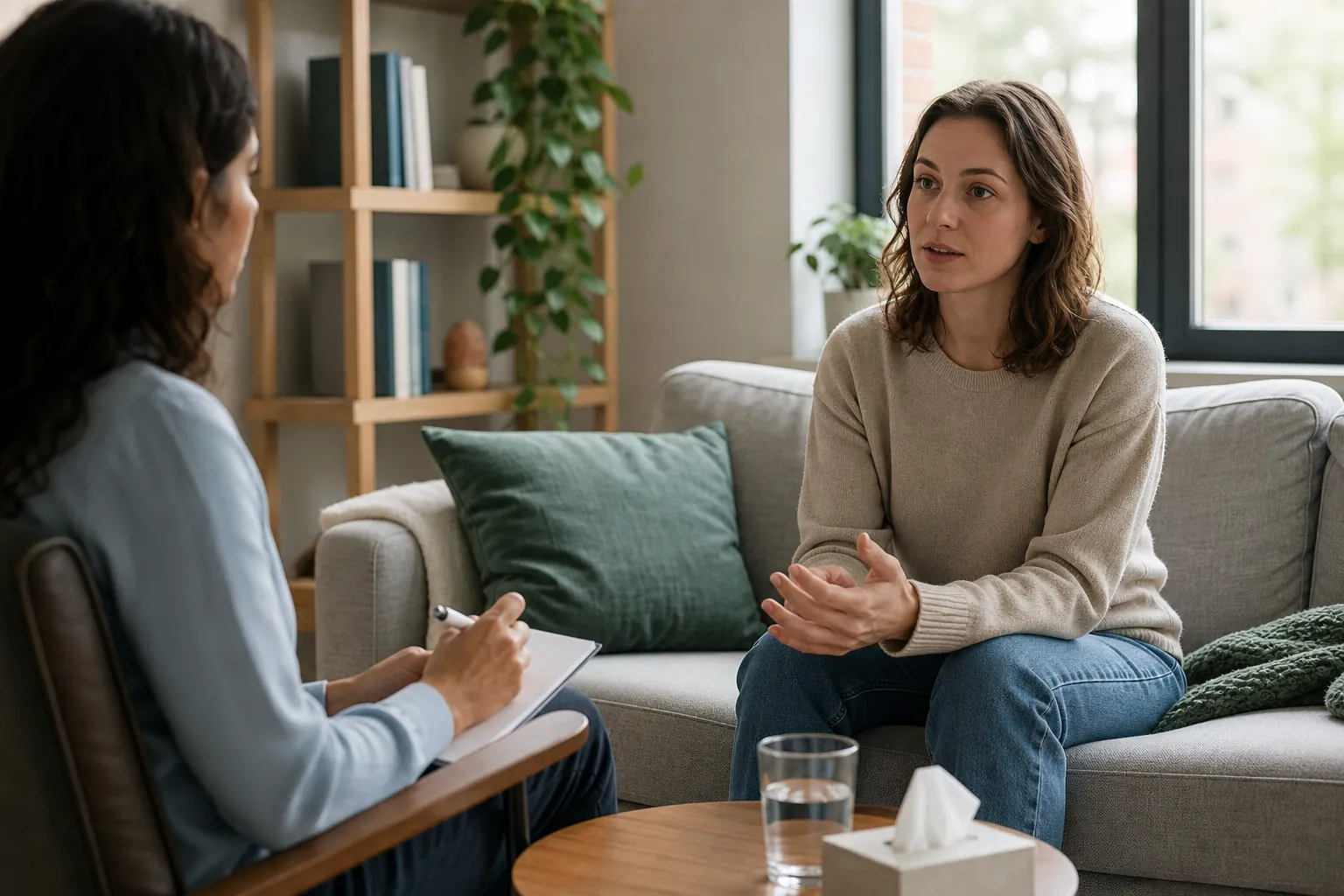 Private outpatient mental health counseling session (detail) A therapist takes notes while speaking with a woman seated on a sofa in a bright, private counseling office.