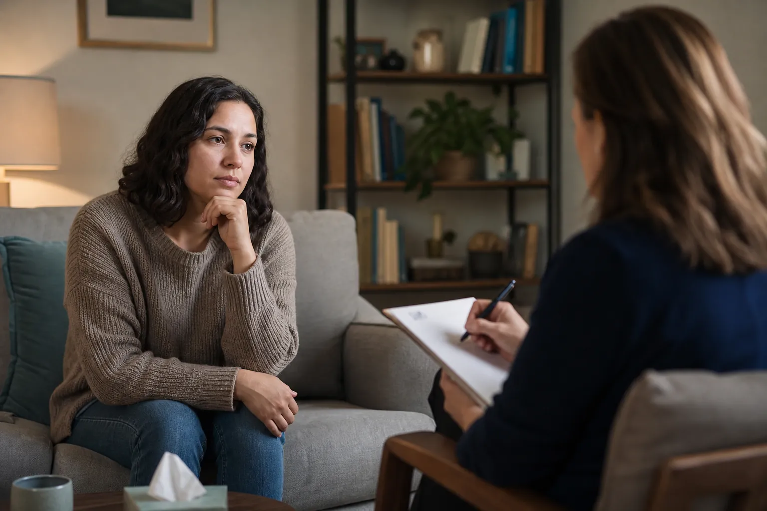 Private outpatient mental health counseling session (next step) A woman listens thoughtfully while a mental health professional takes notes during a private counseling session.