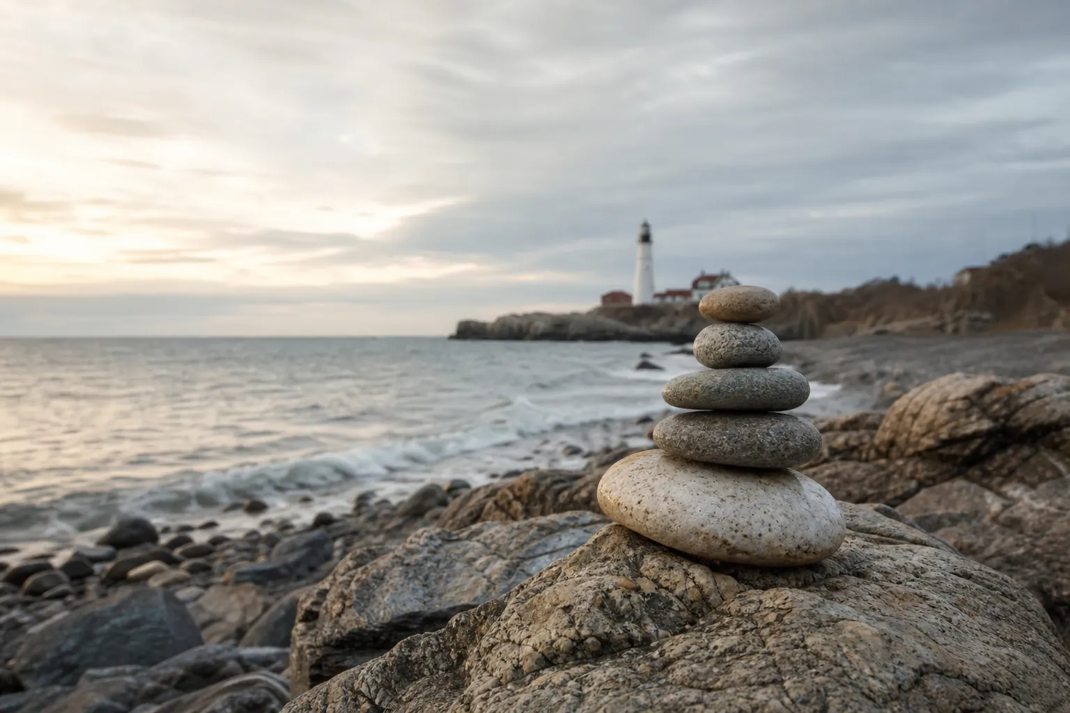 Five smooth stones balanced on a rocky shore, with ocean waves and a distant lighthouse beneath a cloudy sky.