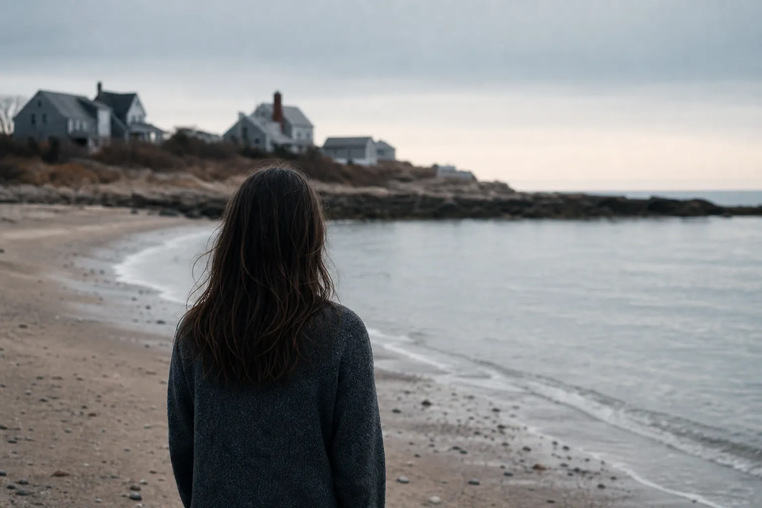 A solitary person with long dark hair stands on a quiet beach, facing calm water and distant coastal houses.