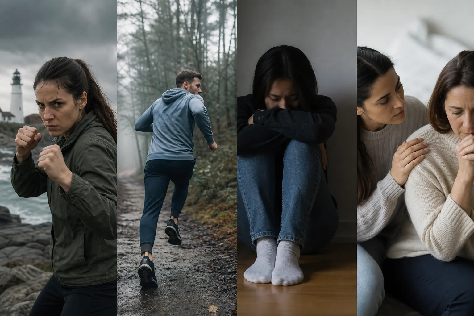 Four-panel collage showing a woman poised to fight, a man running, a woman curled up, and one woman comforting another.