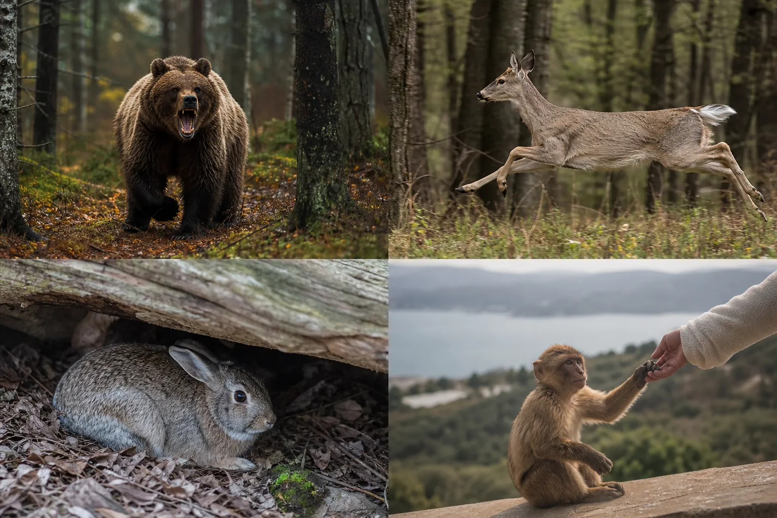 Four scenes show a roaring bear, a fleeing deer, a hiding rabbit, and a monkey reaching for a person's hand.