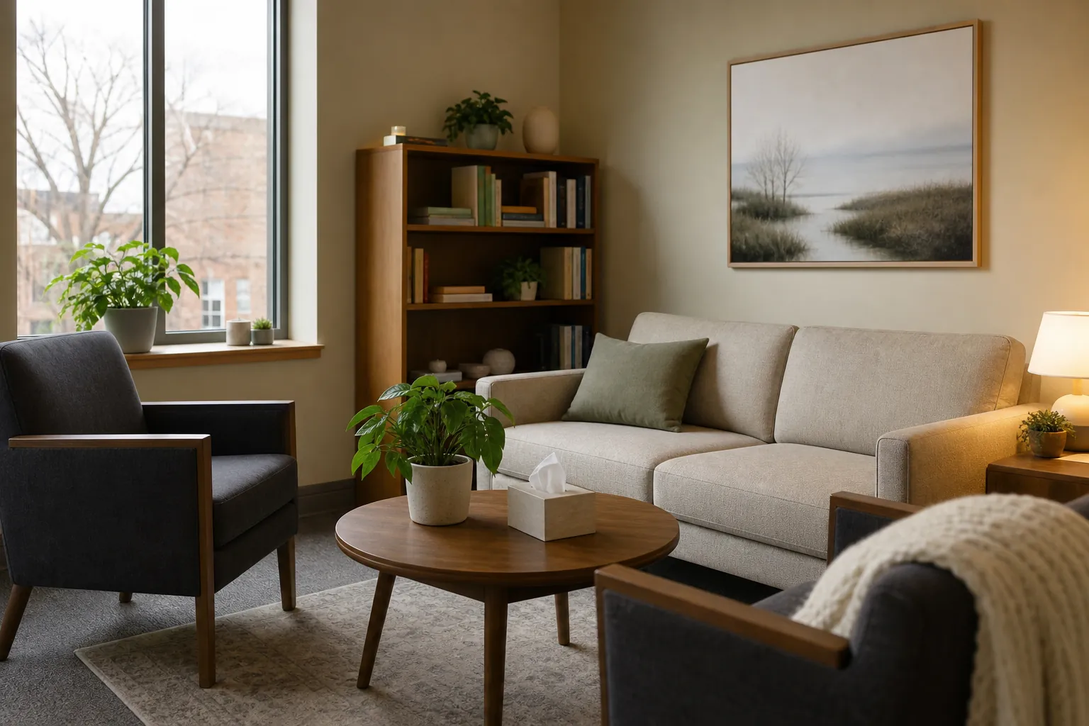 Warm, softly lit therapy office with armchairs, a sofa, plants, bookshelves, and a tissue box on a coffee table.