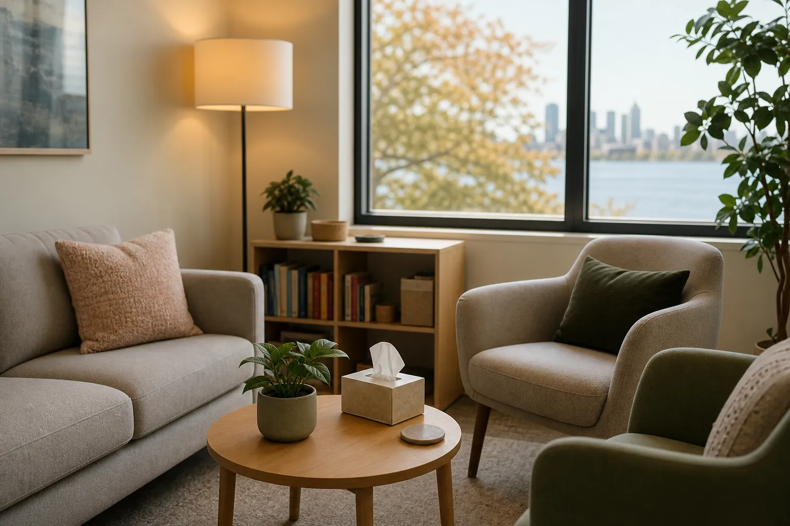 Warm outpatient therapy room with a sofa, two armchairs, plants, books, tissues, and a waterfront city view.