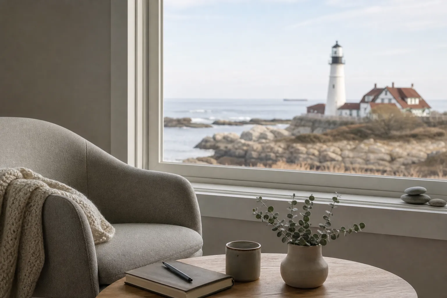 Cozy armchair and table beside a large window overlooking a rocky coast and lighthouse