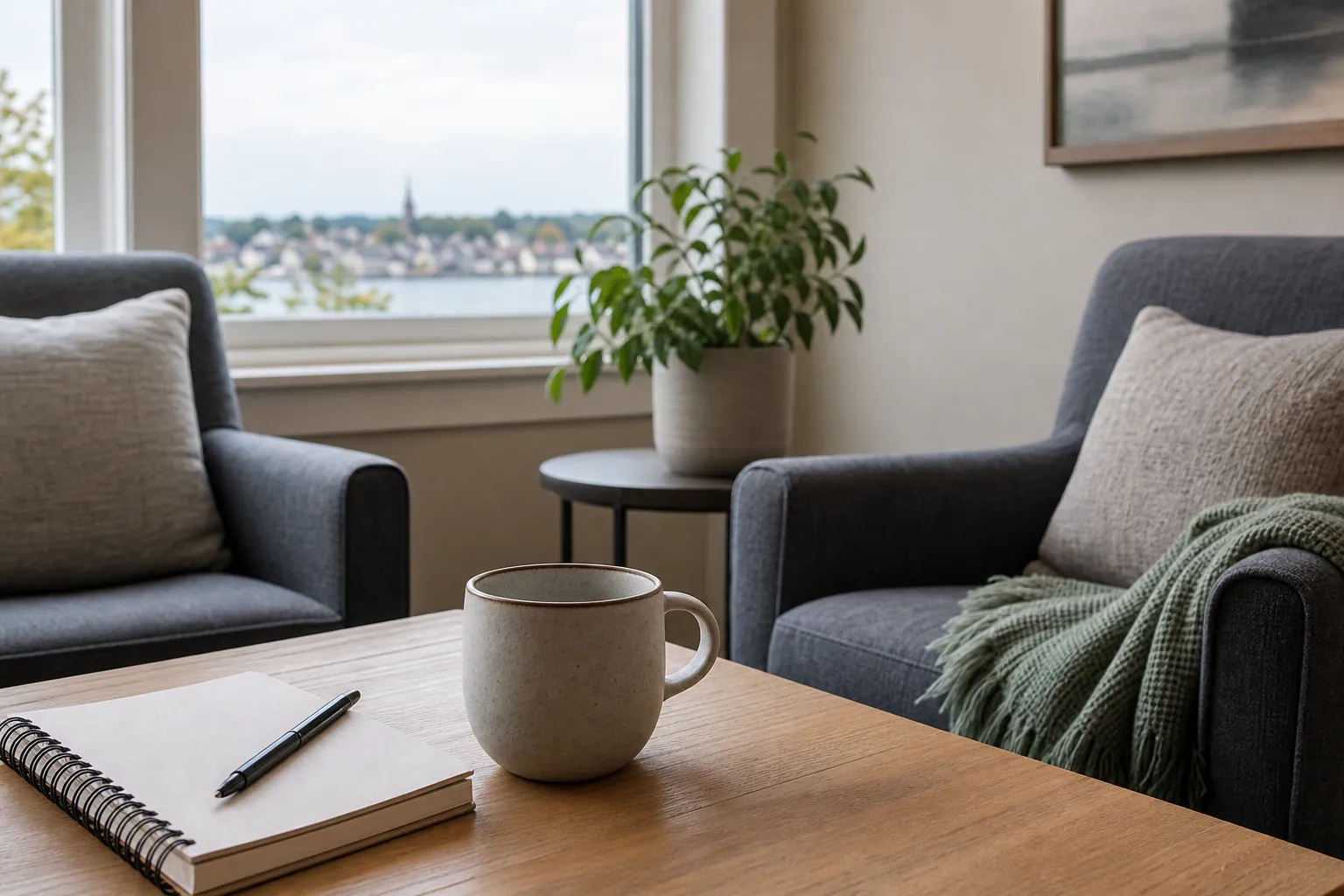 Two armchairs in a quiet therapy office with a notebook, pen, mug, plant, and waterfront view through a window.