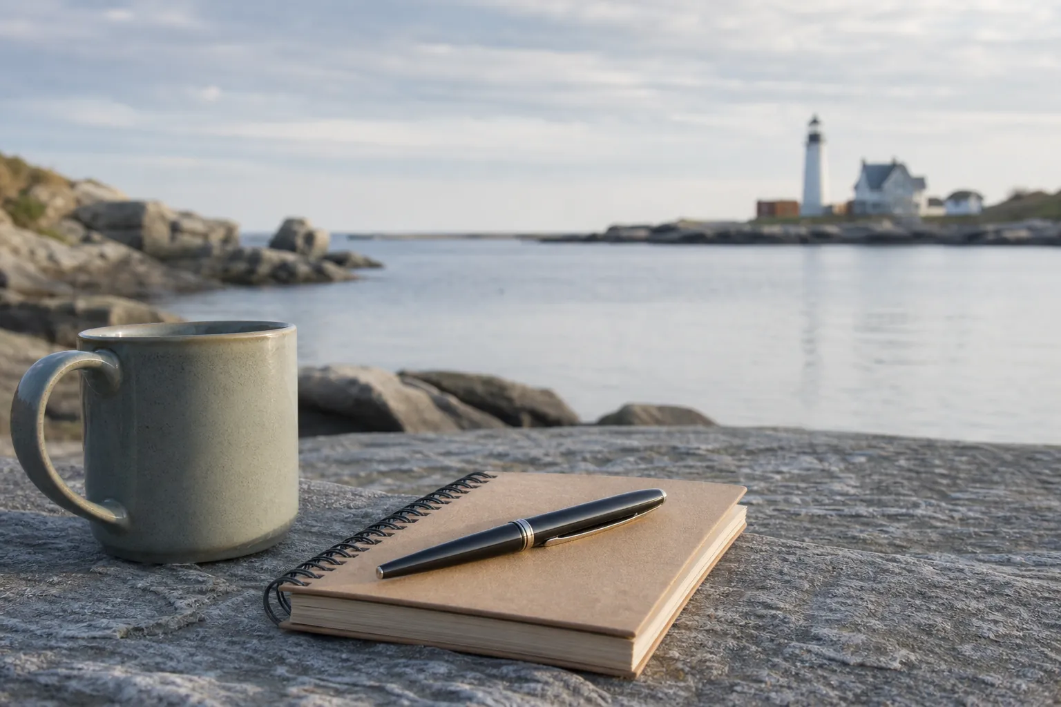 A ceramic mug, spiral notebook, and pen rest on coastal rocks beside calm water, with a lighthouse in the distance.