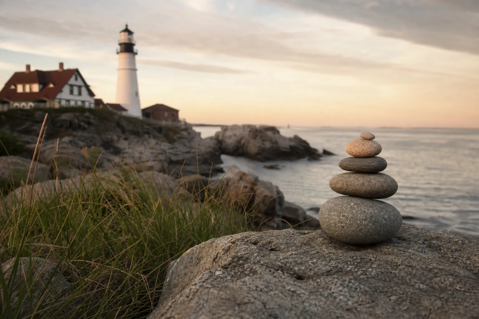Five balanced stones on a coastal rock with a lighthouse and seaside house in the background at sunset.