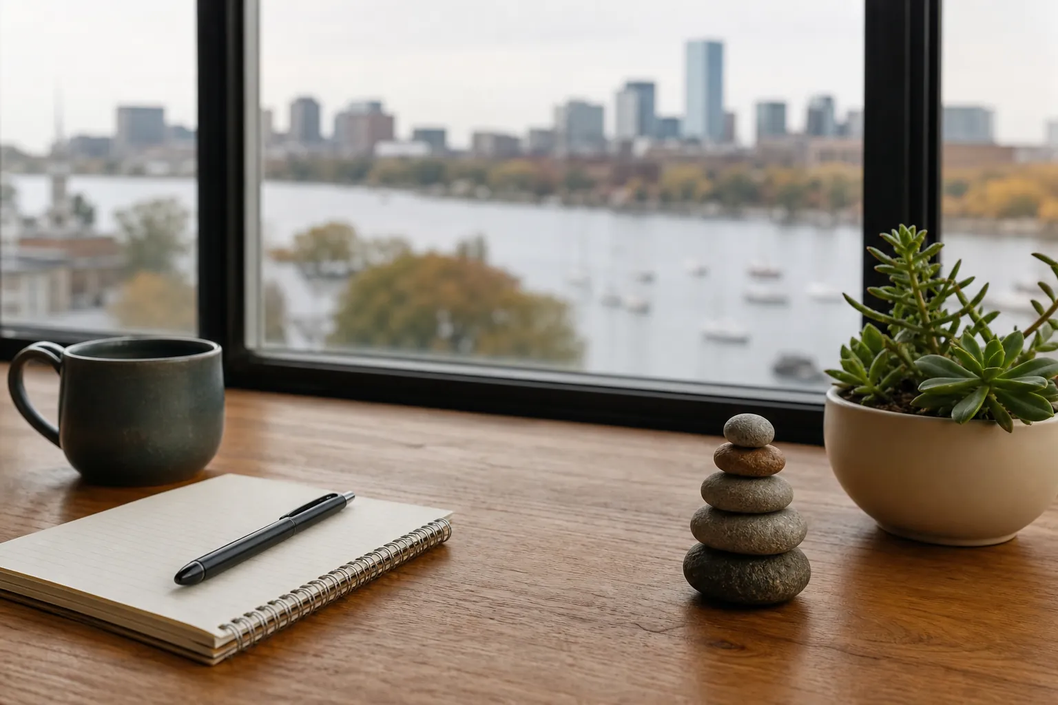 Mindful workspace with stacked stones and city view Notebook, pen, coffee mug, stacked stones, and succulent on a desk overlooking a river and city skyline.