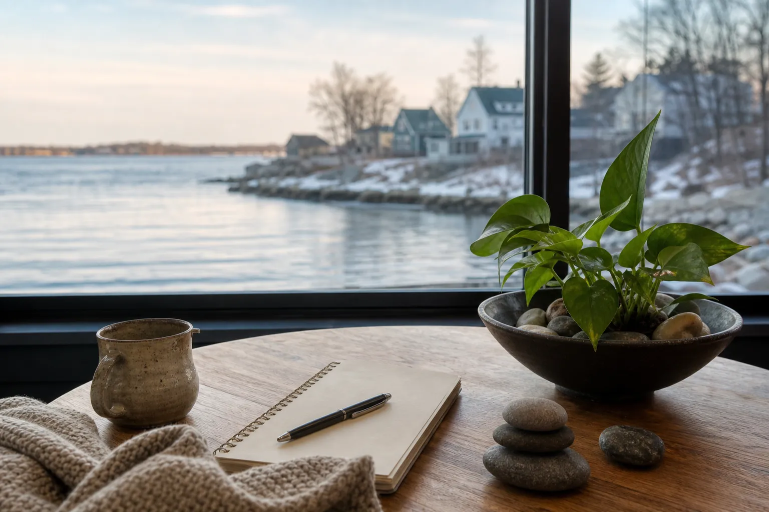 Mindful journaling space overlooking a snowy waterfront Journal, pen, ceramic mug, stacked stones, and potted plant on a table beside a snowy waterfront window.
