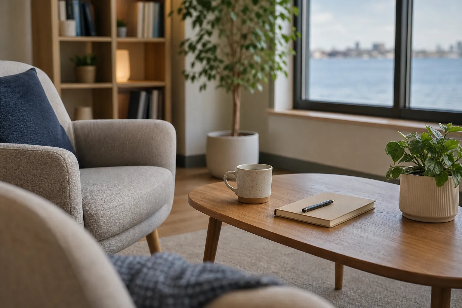 Quiet therapy office with upholstered chairs, a coffee table, notebook, mug, plants, and a waterfront view.
