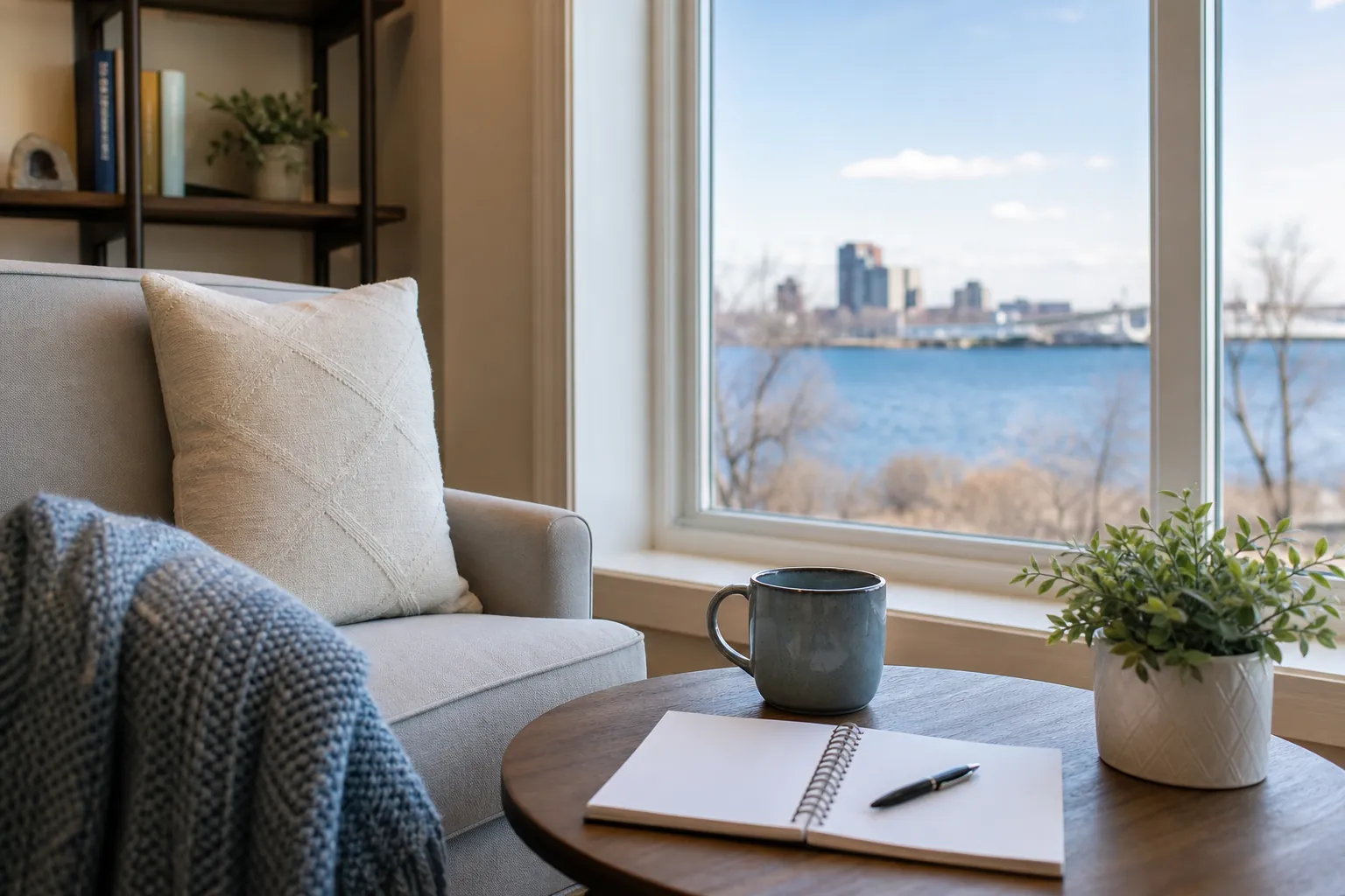 Quiet therapy room with an armchair, open notebook, pen, mug, plant, and waterfront city view through a large window.