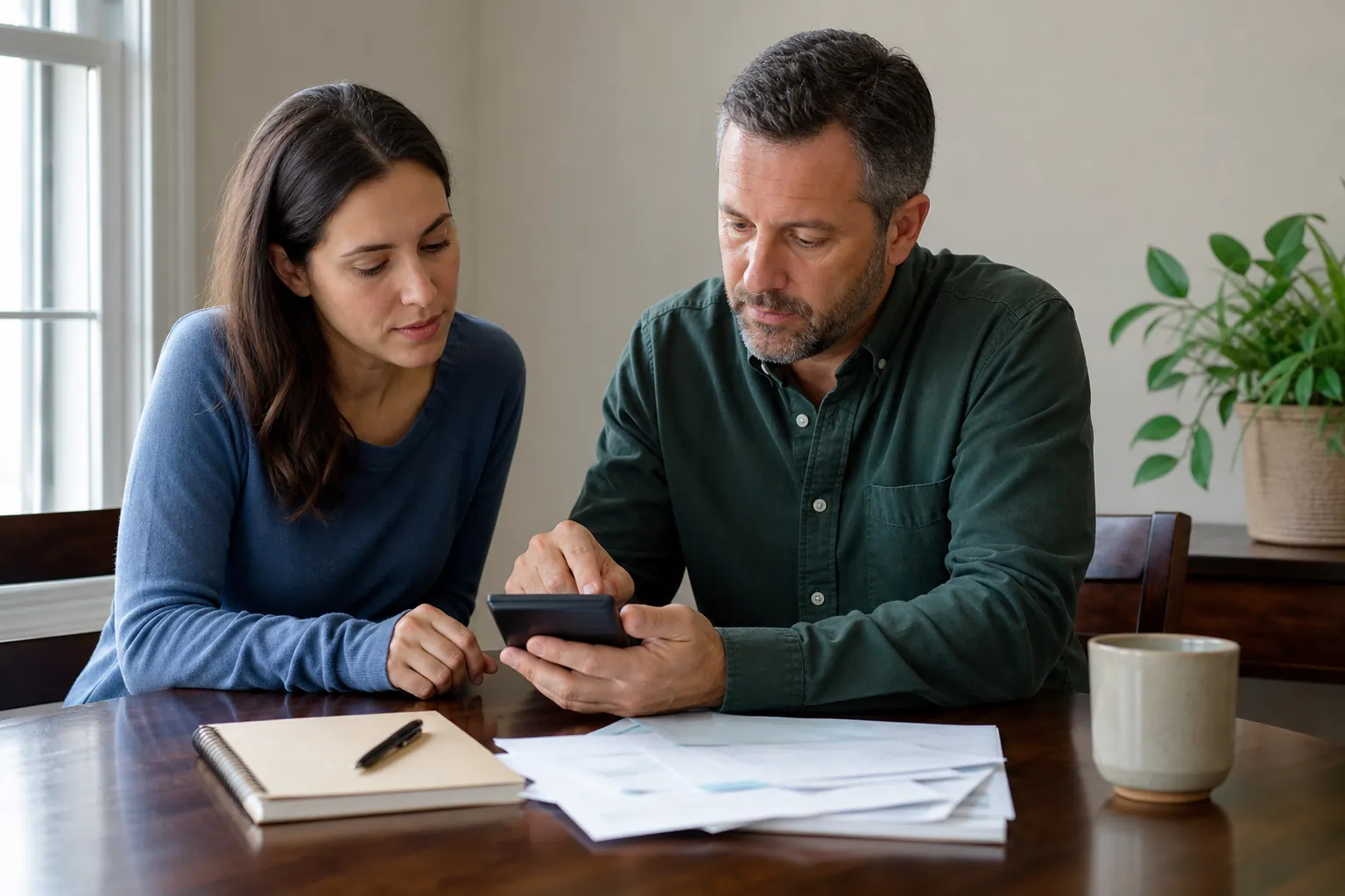 Couple looking at a phone and papers Couple looking at a phone and papers