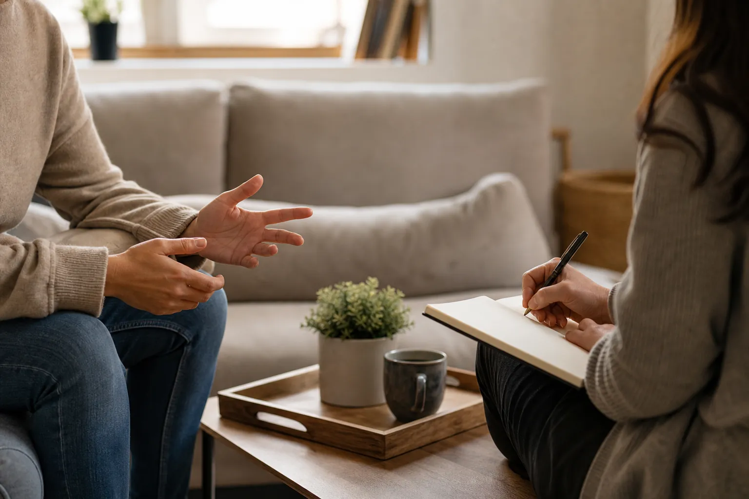 Two people talking while one makes notes Two people talking while one makes notes