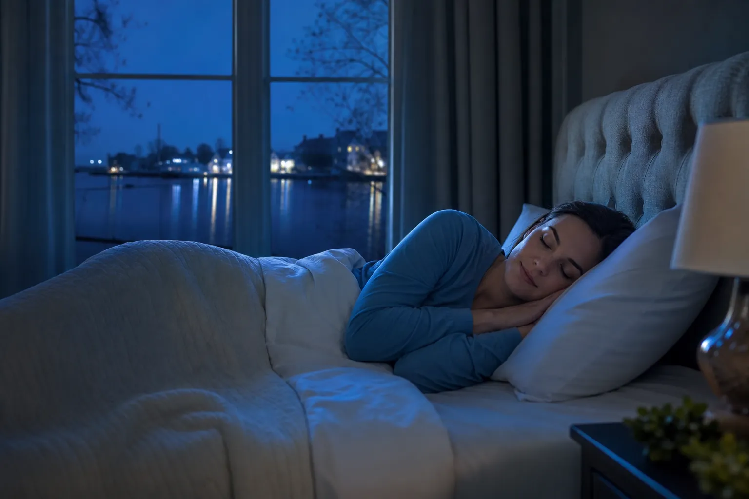 Woman Sleeping Beside a Waterfront Window at Night A woman sleeps on her side under a white quilt beside a window overlooking water and distant lights at night.