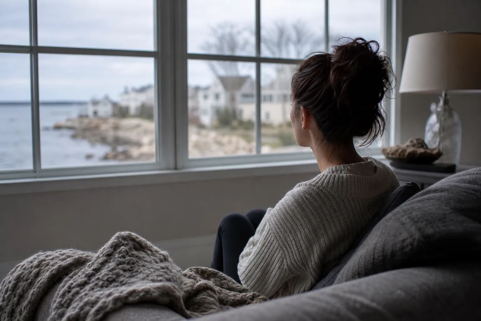 Woman in a white sweater sits curled on a sofa, gazing through large windows at a quiet waterfront neighborhood.