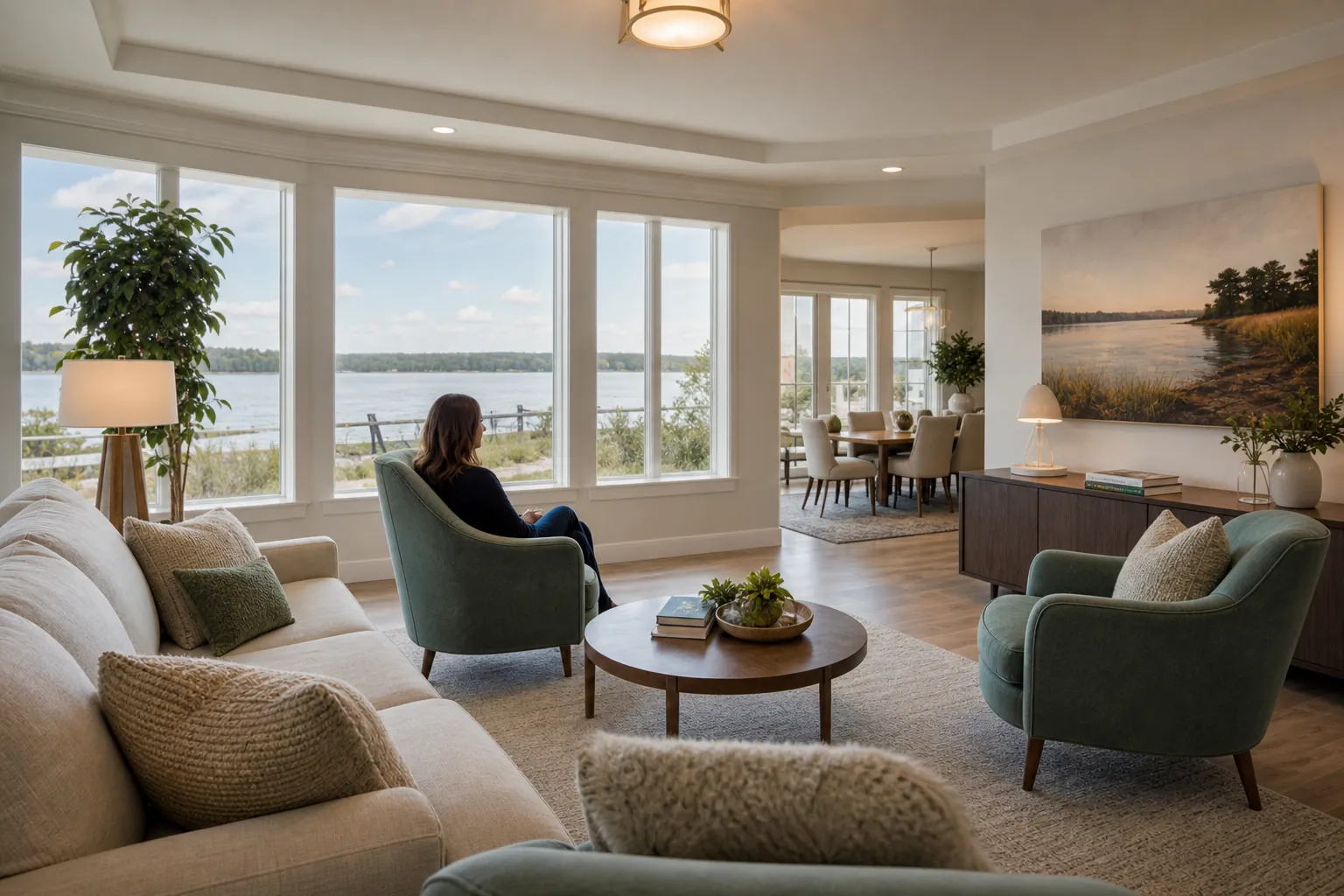 A woman sits alone in a green armchair facing large windows overlooking water in a bright, furnished living room.