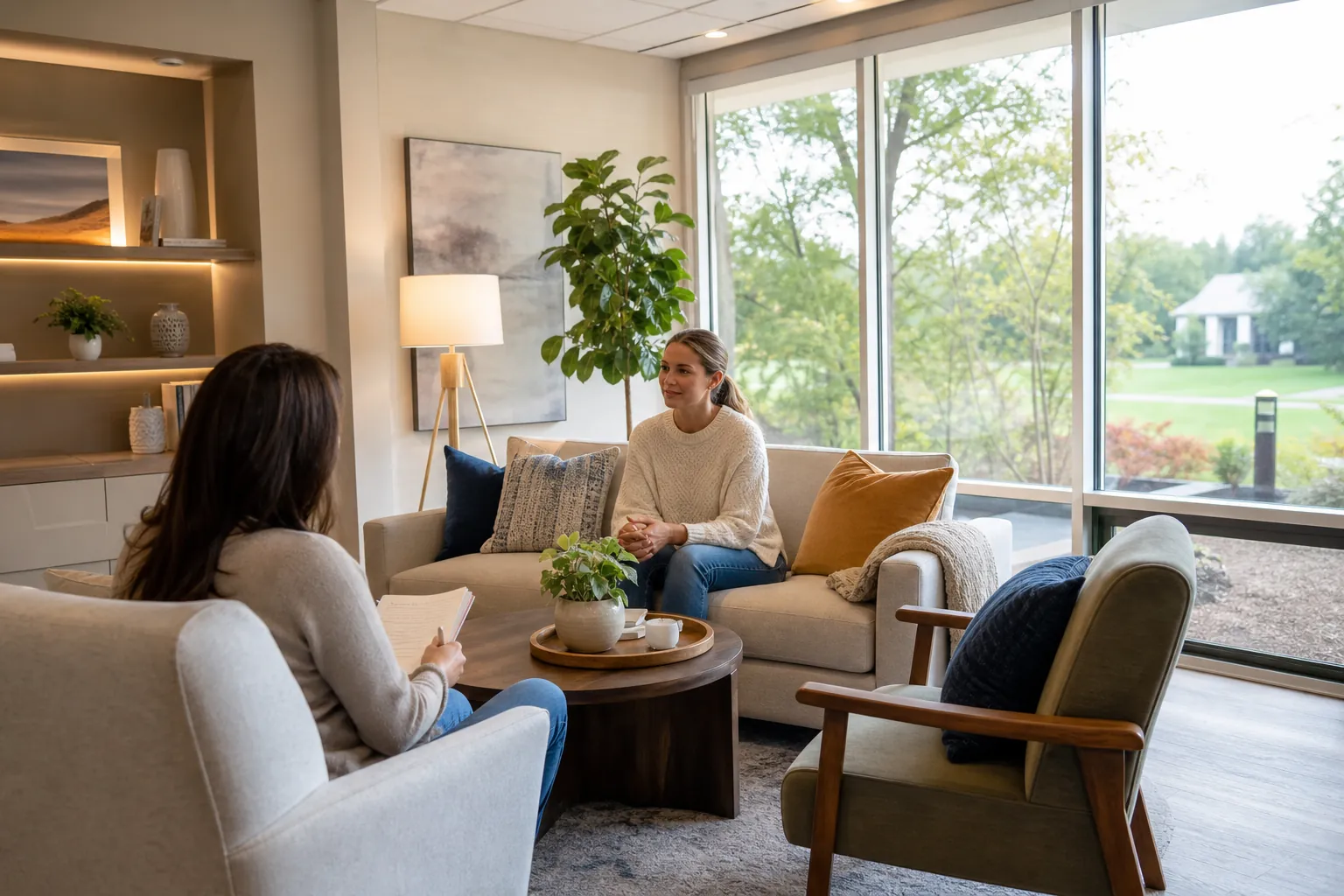 Two women sit facing each other in a bright counseling room, one holding a pen and notepad while the other sits on a sofa.