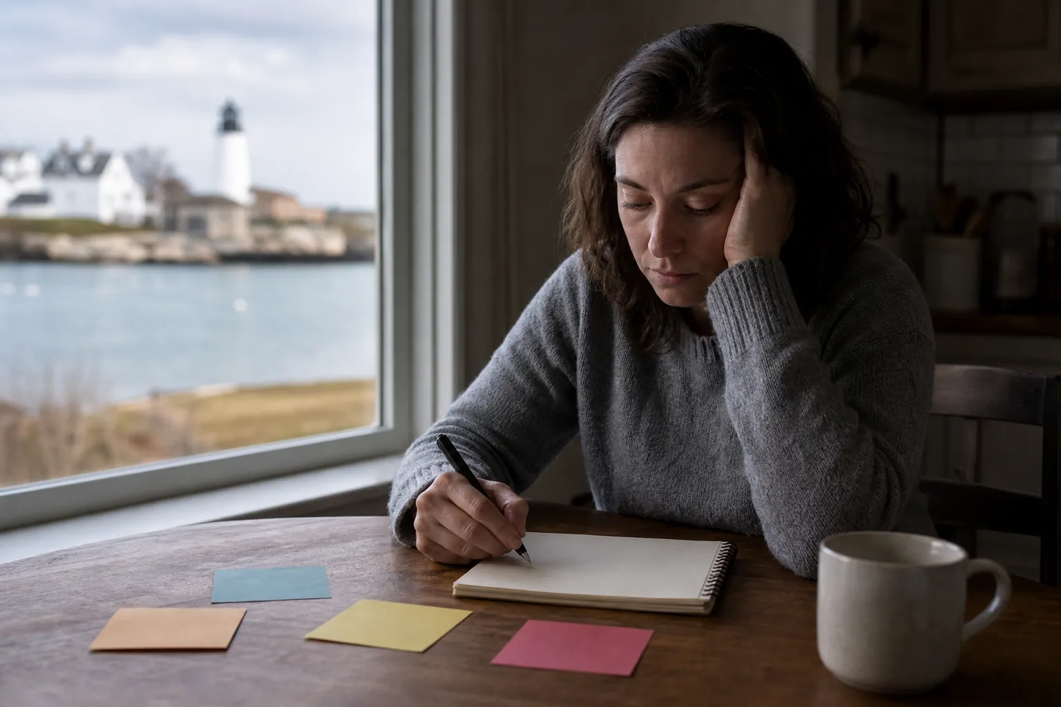 A pensive woman rests her head on one hand while writing in a notebook beside colored notes and a mug.